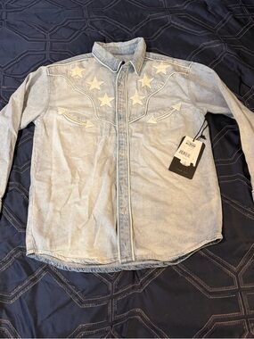Light Wash Western Denim Shirt with Star Appliqués